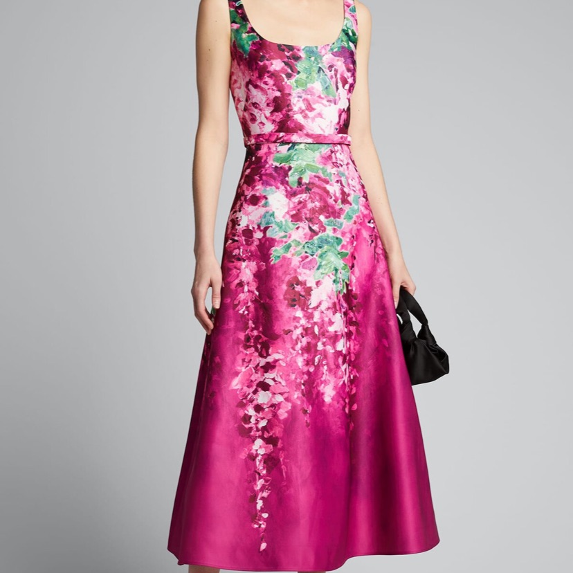 Marchesa Notte Printed Duchess Satin Sleeveless Midi Dress Fuchsia